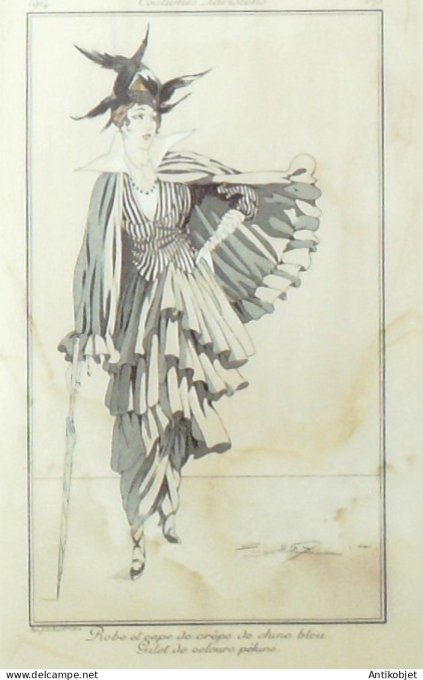 Gravure de mode Costume Parisien 1914 pl.175b BUSSY-Robe et cape de crêpe