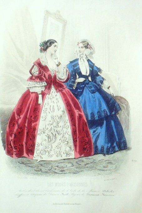 Gravure Les Modes Parisiennes 1851 # 679 Robes dentelles Maison Delisle