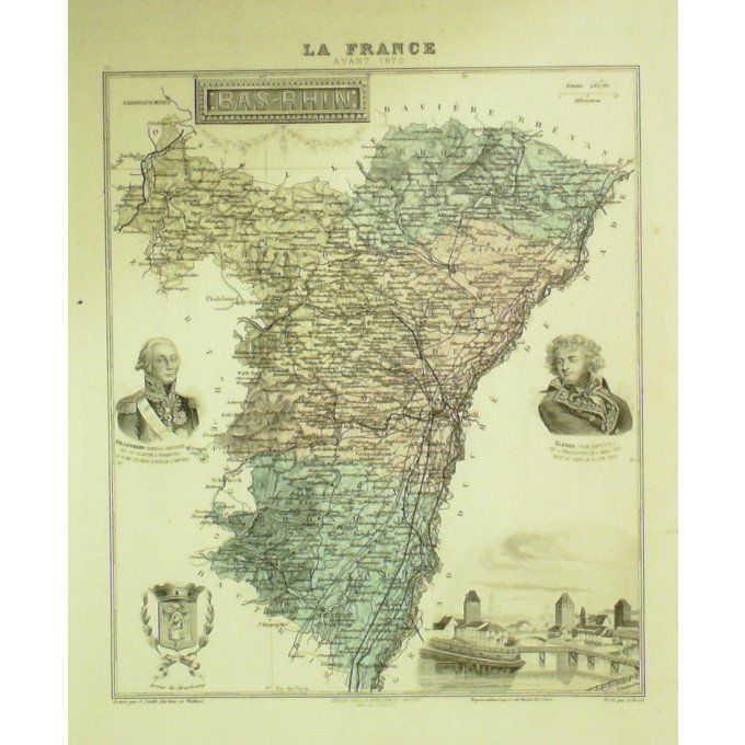 Carte Bas Rhin (67) Strasbourg Graveur Lecoq Waltner Barbier 1868