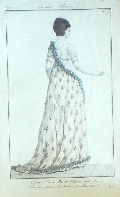 Gravure Mode Costume Parisien 1798 an  7 #  67b (eau forte old Fashion plat