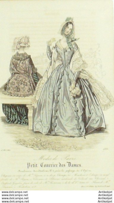 Gravure Mode Courrier des Dames 1842 # 1833 (eau forte old Fashion plate)