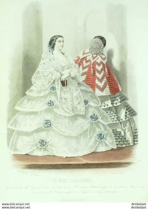 Gravure de mode Les modes parisiennes 1858 n° 771 Robes de soirées (Maison Fauvet)