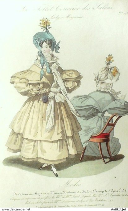 Gravure Mode Le Follet 1829 # 178b (aquarelle Old Fashion plate)