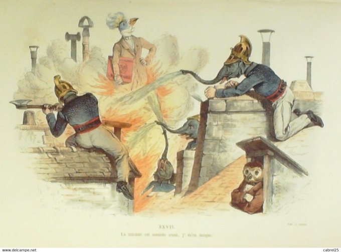 Grandville "Les Métamorphoses du jour" XXVII Eléphant Coq Chouette 1847