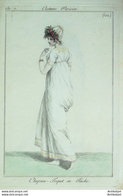 Gravure de mode Costume Parisien 1799 n° 122 (An 7) Toquet en rûche