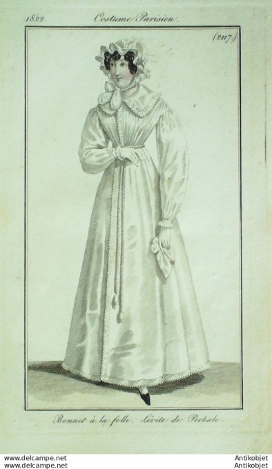 Gravure de mode Costume Parisien 1822 n°2117 L'évite de Perkale bonnet à la folle