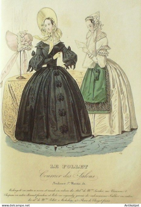 Gravure Mode Le Follet 1841 # 637 (aquarelle Old Fashion plate)