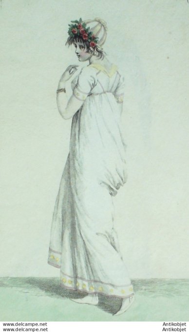 Gravure de mode Costume Parisien 1799 n° 122 (An 7) Toquet en rûche