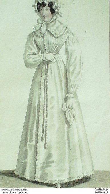 Gravure de mode Costume Parisien 1822 n°2117 L'évite de Perkale bonnet à la folle