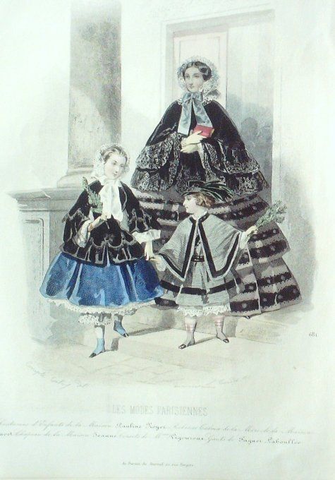 Gravure Les Modes Parisiennes 1851 # 681 Costumes enfants Maison Royer
