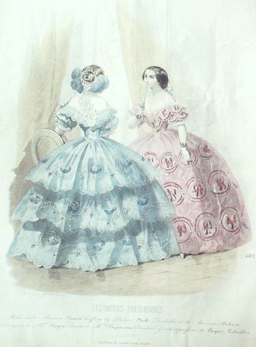 Gravure Les Modes Parisiennes 1851 # 682 Robes dentelles Maison Fauvet