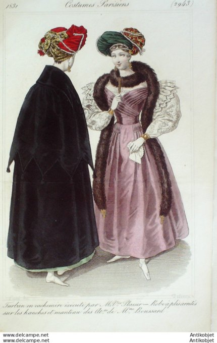 Gravure de mode Costume Parisien 1831 n°2943 Robe à plis arrêtés manteau