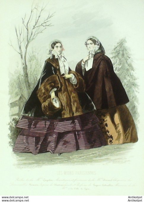 Gravure Les Modes Parisiennes 1858 # 772 Manteaux de fourrures Maison Gagelin