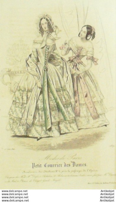 Gravure Mode Courrier des Dames 1842 # 1839 (eau forte old Fashion plate)