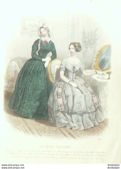 Gravure de mode Les modes parisiennes 1846 n° 149 Robes de satin (Maison Chambellan)