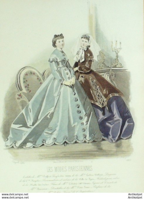 Gravure Les Modes Parisiennes 1865 #1183 Robes gros de Turin Maison Pieffort