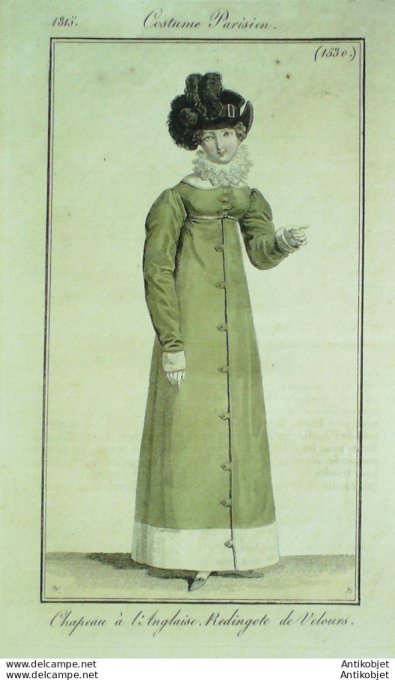 Gravure de mode Costume Parisien 1815 n°1530 Redingote de velours