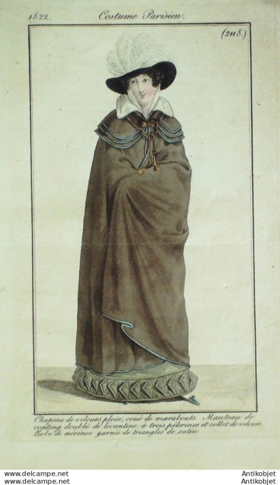 Gravure de mode Costume Parisien 1822 n°2118 Manteau Lévantine pélerine Mérinos