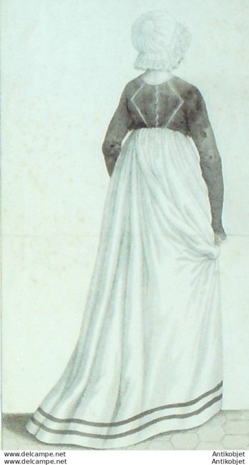 Gravure de mode Costume Parisien 1799 n° 123 (An 7) Négligé. Toquet de forme