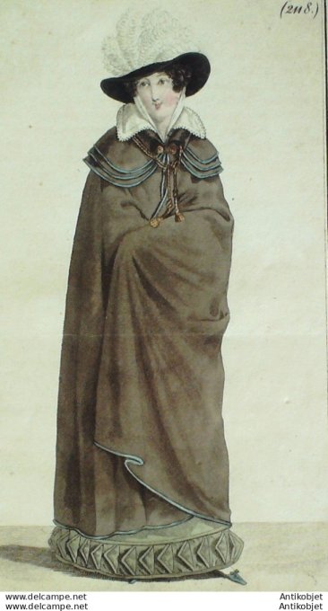 Gravure de mode Costume Parisien 1822 n°2118 Manteau Lévantine pélerine Mérinos