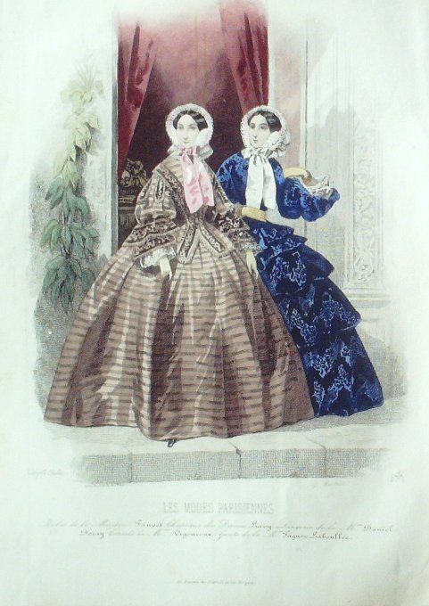 Gravure Les Modes Parisiennes 1851 # 684 Robes en gros de Naples Maison Fauvet