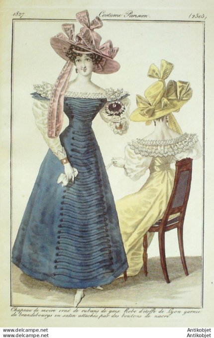 Gravure de mode Costume Parisien 1827 n°2505 Robe d'étoffe garnie brandebourgs