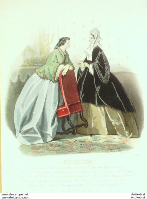 Gravure Les Modes Parisiennes 1862 #1034 Robes velours Maison Leclère-Collot