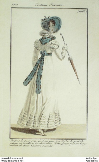 Gravure de mode Costume Parisien 1821 n°1988 Robe perkale en mousseline