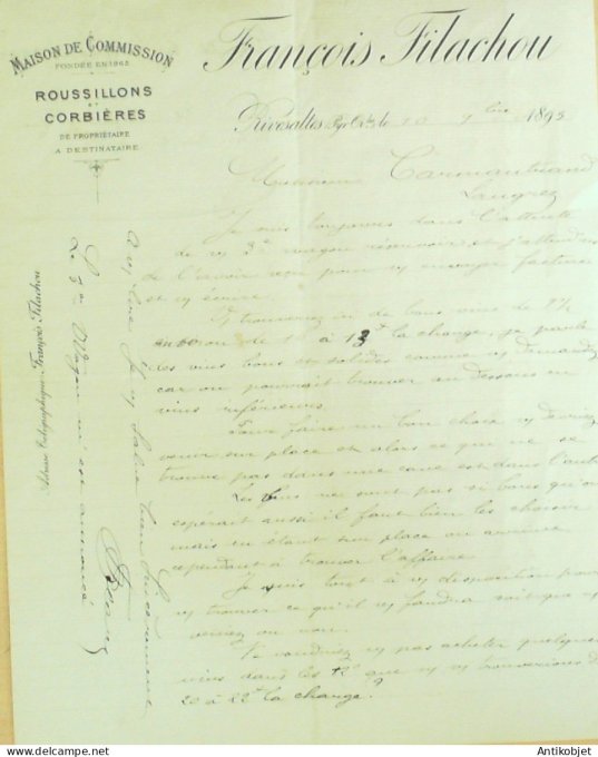 Lettre Ciale François Filachou (Vins Corbières) 1893 à Rivesaltes (66)