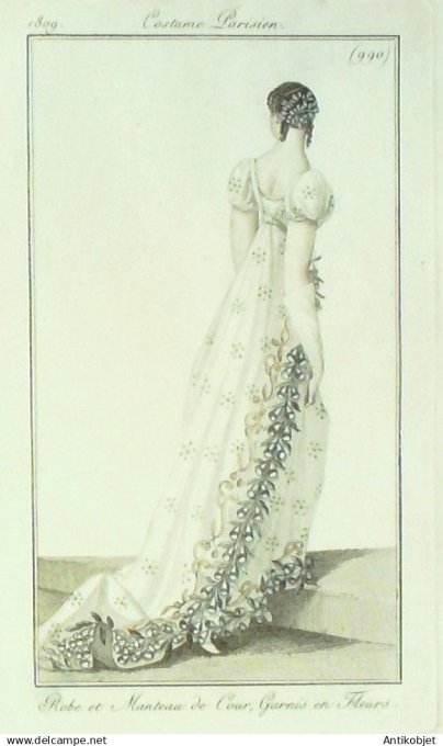 Costume Parisien 1809 # 990 (eau forte) Robe et manteau de cour garnis