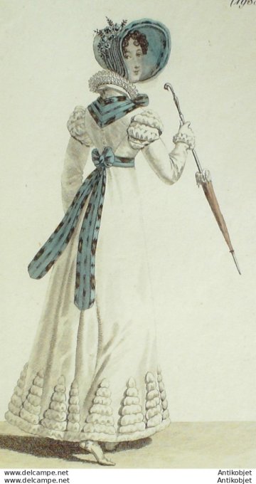 Gravure de mode Costume Parisien 1821 n°1988 Robe perkale en mousseline