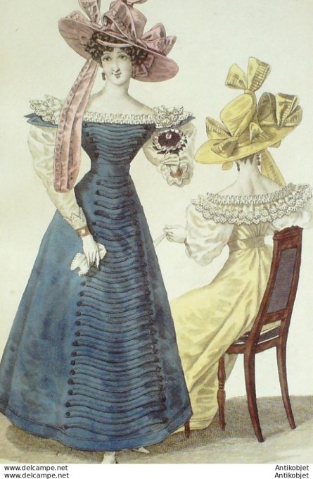 Gravure de mode Costume Parisien 1827 n°2505 Robe d'étoffe garnie brandebourgs