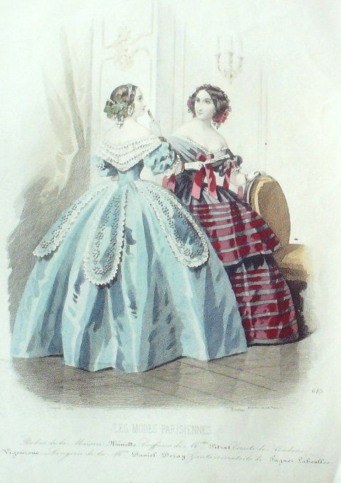 Gravure Les Modes Parisiennes 1851 # 685 Robes en soie Maison Minette