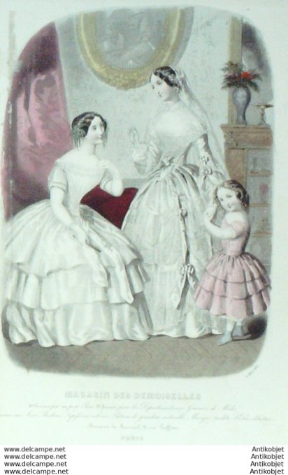 Gravure Mode Magasin Demoiselles 1850 #  3 (aquarellee Old Fashion plate)