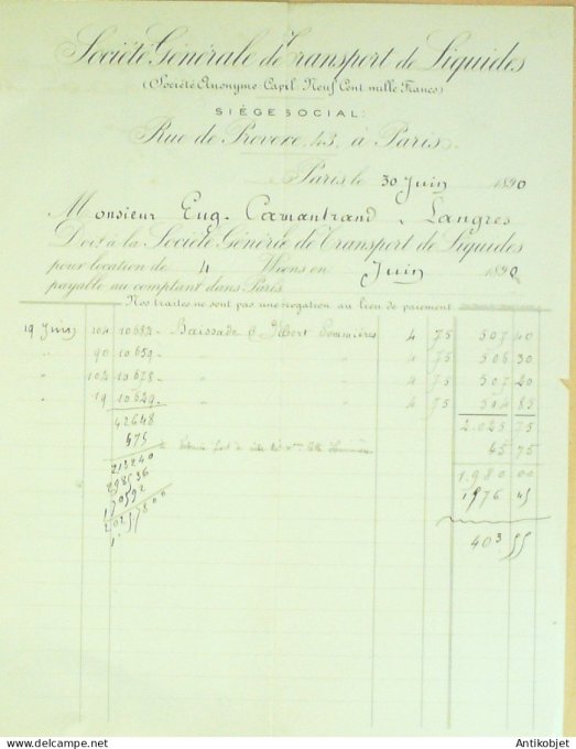 Facture Sté Gale Transport liquides 1890 Paris 9