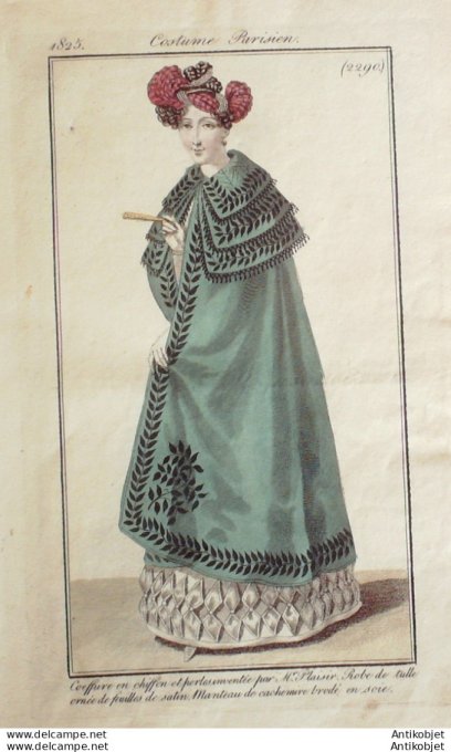 Gravure de mode Costume Parisien 1825 n°2290 Robe de tulle manteau cachemire