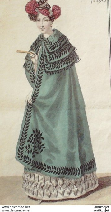 Gravure de mode Costume Parisien 1825 n°2290 Robe de tulle manteau cachemire