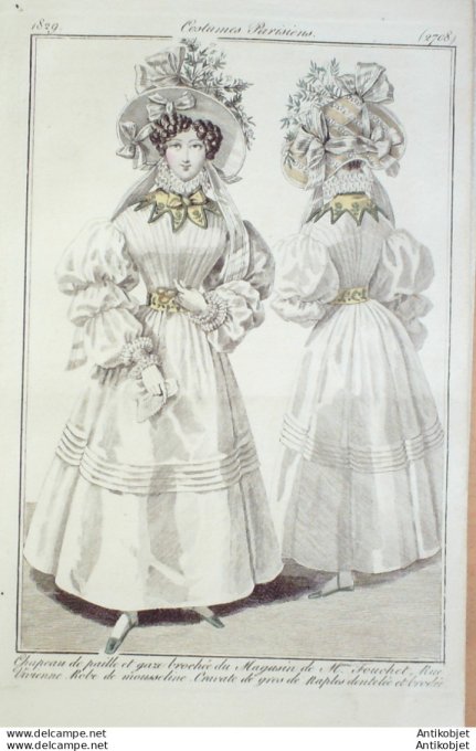 Gravure de mode Costume Parisien 1829 n°2708 Robe mousseline cravate