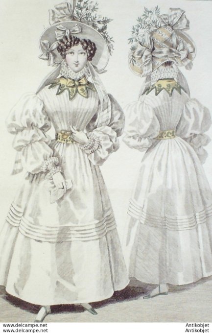 Gravure de mode Costume Parisien 1829 n°2708 Robe mousseline cravate