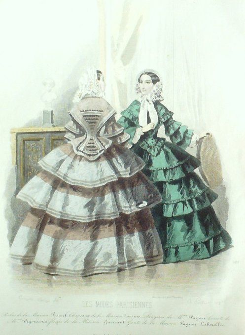 Gravure Les Modes Parisiennes 1851 # 688 Robes en tissu Maison Fauvet