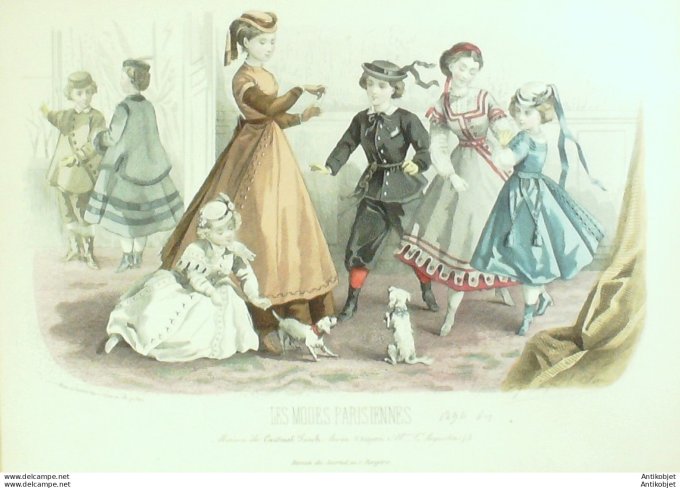 Gravure Les Modes Parisiennes 1865 #1294b Costumes enfants Maison Cardinal Fesch