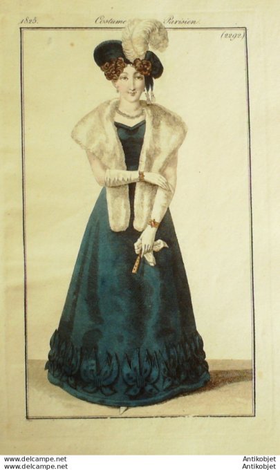 Gravure de mode Costume Parisien 1825 n°2292 Robe velours brodée de satin