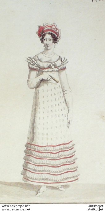 Gravure de mode Costume Parisien 1818 n°1706 Bonnet de tulle de gaze  volants