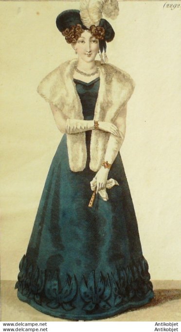 Gravure de mode Costume Parisien 1825 n°2292 Robe velours brodée de satin