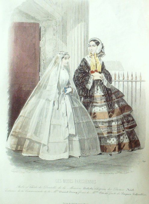 Gravure Les Modes Parisiennes 1851 # 690 Robes en soie Maison Minette 