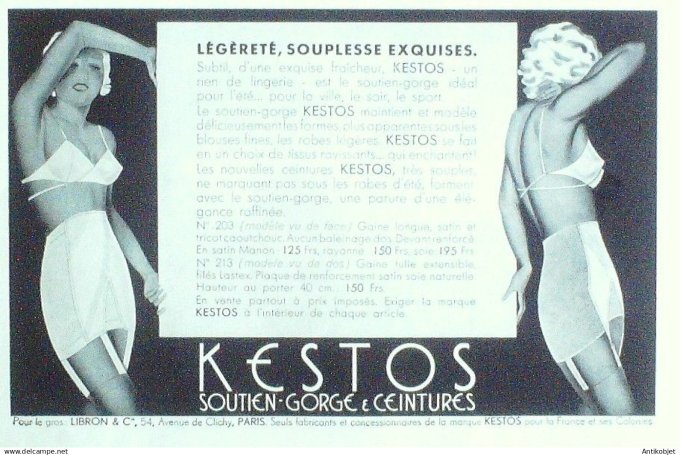 Publicité Lingerie Kestos Vahiné 1936