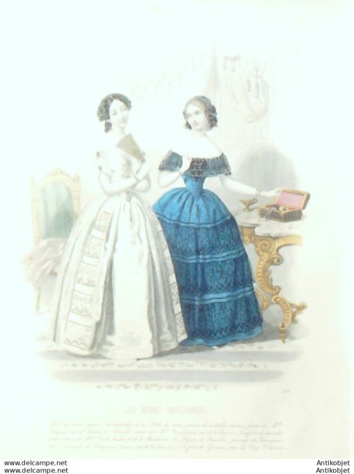 Gravure de mode Les modes parisiennes 1846 n° 154 Robes satin (Maison Duguet)