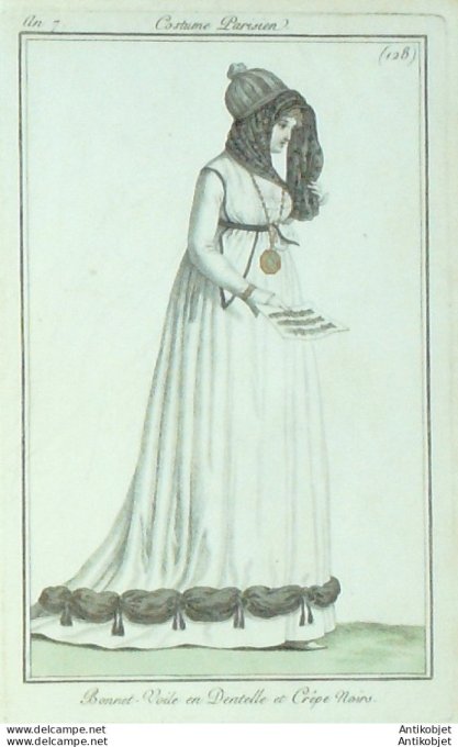 Gravure de mode Costume Parisien 1799 n° 128 (An 7) Bonnet Voile en dentelle