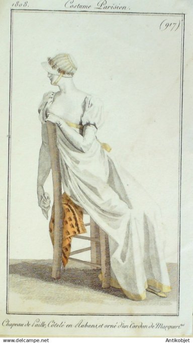 Costume Parisien 1808 # 917 (eau forte) Chapeau de paille côtelé