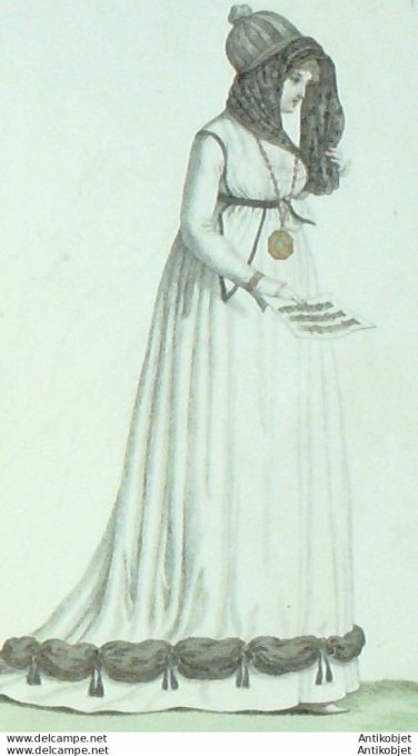 Gravure de mode Costume Parisien 1799 n° 128 (An 7) Bonnet Voile en dentelle